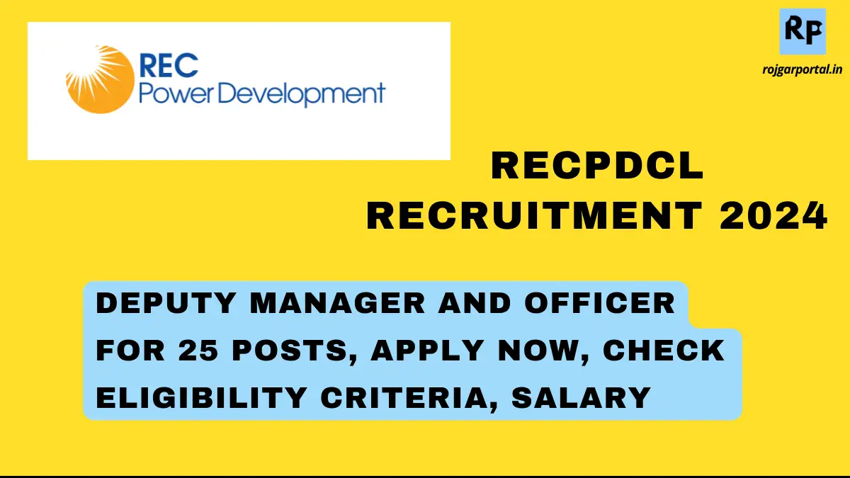 Overview of RECPDCL Recruitment 2024
Category	Details
Post Name	Various Positions
Vacancies	Multiple
Online Application Dates	26th June 2024 – 25th July 2024
Educational Qualification	Varies by post, check official notification
Age Limit	Maximum 56 years, varies by post
Selection Process	Written Test and/or Interview
Engagement Duration	As per contract terms
Official Website	www.recpdcl.in
Download Official Notification	Click Here
Eligibility Criteria of RECPDCL Recruitment
Post Name	Educational Qualification	Experience	Age Limit
Dy. Manager (Engineering)	Regular full-time B.E./B.Tech or equivalent in Electrical/Electrical & Electronics/Mechanical/Civil	7 years of post-qualification experience	39 years
Officer (Engineering)	Regular full-time B.E./B.Tech or equivalent in Electrical/Electrical & Electronics/Mechanical/Civil	2 years of post-qualification experience	33 years
Dy. Manager (F&A)	Chartered Accountancy/Cost and Management Accountancy	7 years of post-qualification experience	39 years
Officer (F&A)	Chartered Accountancy/Cost and Management Accountancy	2 years of post-qualification experience	33 years
How to Apply for RECPDCL Recruitment?
Visit the official RECPDCL website.
Click on the “Careers” section and select the relevant advertisement.
Register by providing required details.
Fill out the online application form and upload necessary documents.
Pay the application fee (if applicable).
Submit the application and take a printout for future reference.
Documents Required
Proof of Date of Birth (Tenth Class Certificate/ Birth Certificate)
Caste certificate/ relevant document for claiming Reservation/ Relaxation/Concessions
Disability Certificate
Pass certificate & Mark sheets
Documents related to experience
Experience Certificate
Latest Pay Slip
Recent passport-size color photograph
Candidate's signature
Vacancy Breakdown
Post Name	Number of Vacancies
Dy. Manager (Engineering)	4
Officer (Engineering)	10
Dy. Manager (F&A)	1
Officer (F&A)	1
Application Fees
Category	Application Fee
General/OBC	₹ 1,000
SC/ST/PwD	Nil
Salary Expectations
The salary ranges from ₹50,000 to ₹2,00,000 per month, depending on the position and experience level.Selection Process
Written Test: 85%
Interview: 15%
Important Dates
Event	Date
Last Date to Apply	25th July 2024
Written Test Date	To be announced
Interview Date	To be announced
FAQs
What Is the Last Date To Apply for RECPDCL Recruitment 2024?The last date to apply is 25th July 2024.
What Are the Eligibility Criteria for the Dy. Manager Post?The Dy. Manager post requires a B.E./B.Tech degree in the relevant field and 7 years of experience.
How Can I Apply for the Vacancies?You can apply online through the official RECPDCL website.